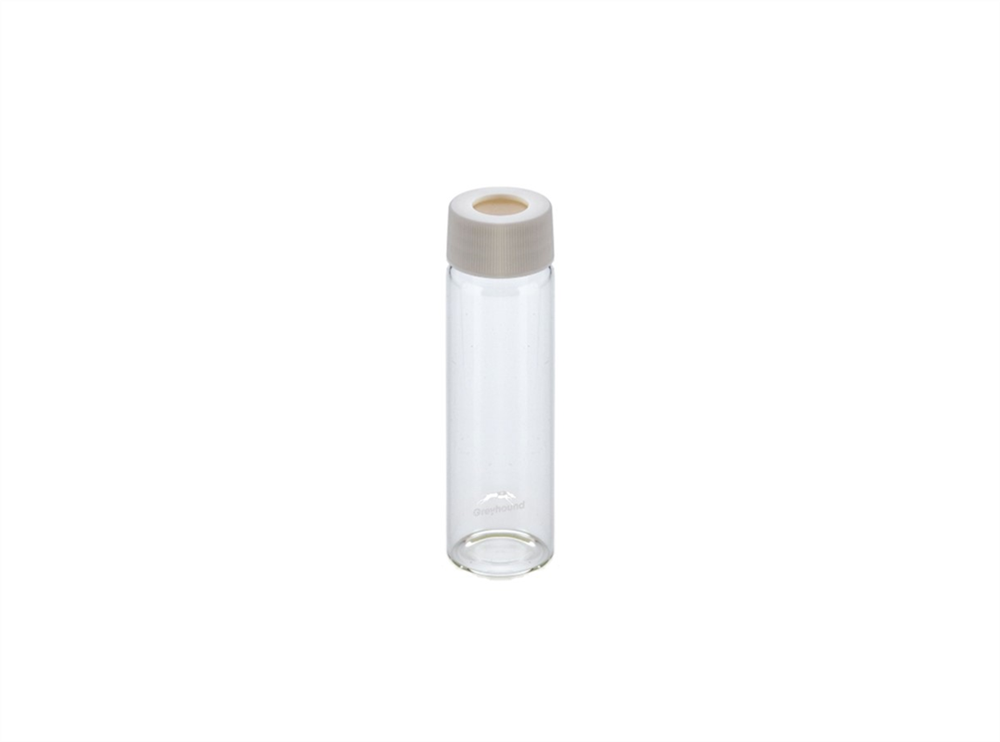 Picture of 60mL EPA/VOA Vial, Class 2, Screw Top, Clear Glass, Precleaned + 24-414mm Open Top White PP Cap with 3mm PTFE/Silicone Septa